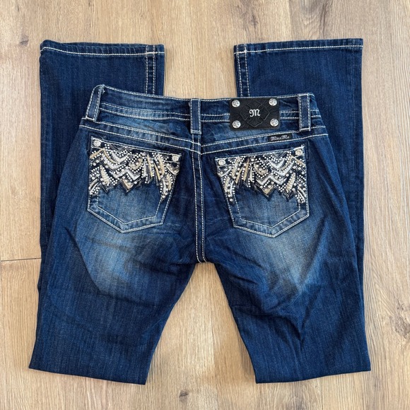 Miss Me Denim - Miss Me Signature Bootcut Low Rise Jeans Dark Wash Embroidery Rhinestone Size 28